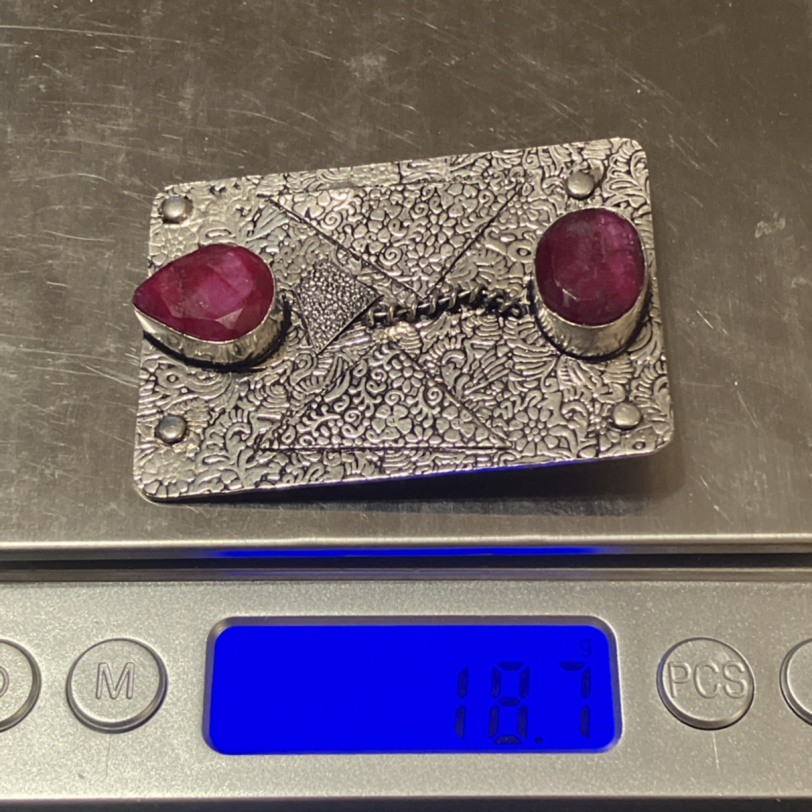 Vintage Sterling 925 Faceted Ruby Gemstones Bezel Setting 2.3” x 1.5” New