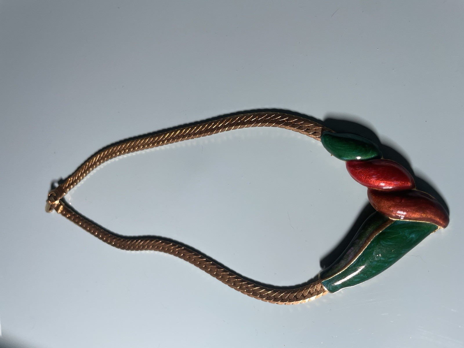 Vintage Enamel Statement Necklace Green Red Gold Tone Snake Chain Retro