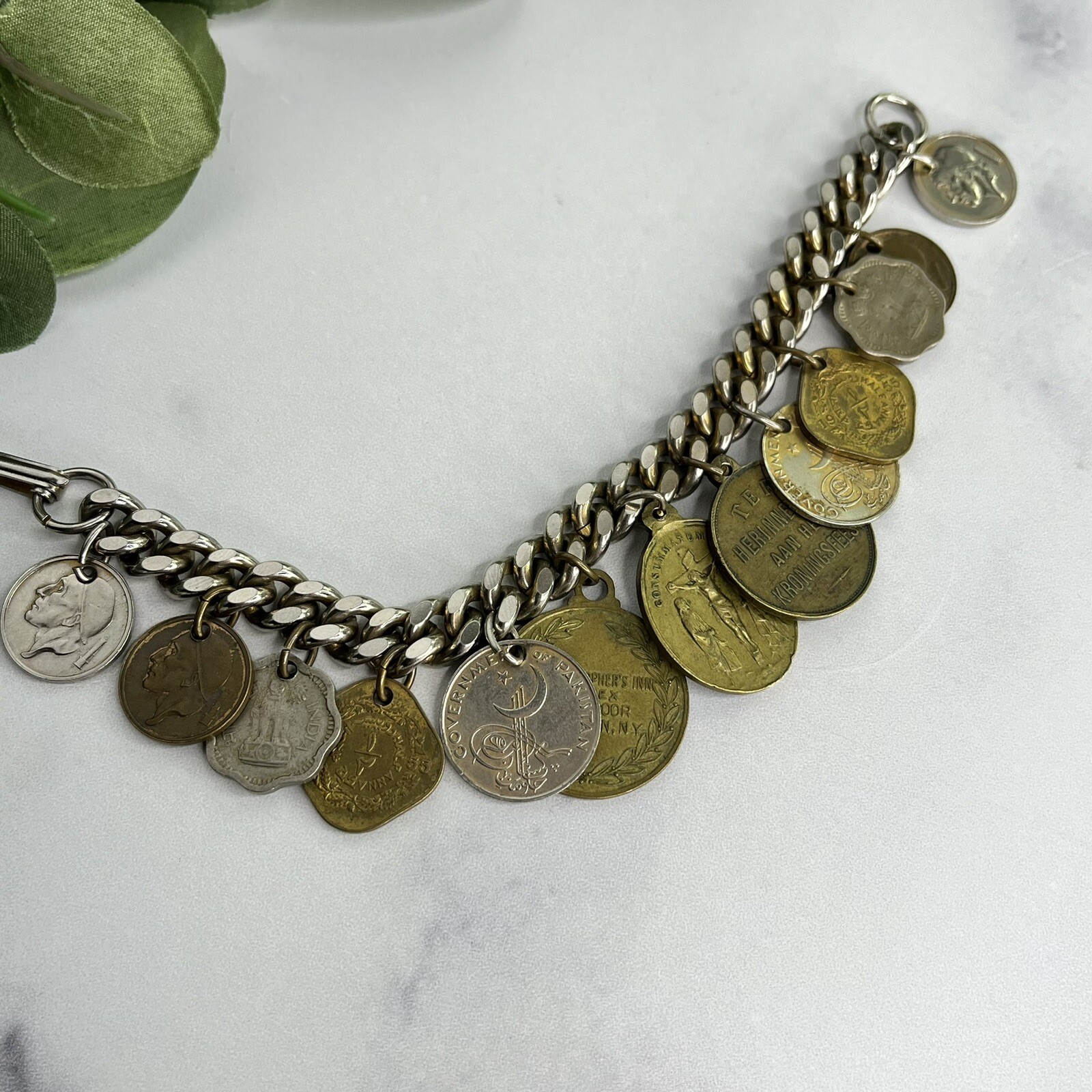 Vintage 13 Coin Charm Bracelet Belgium, India, Pakistan 1957 1959 1955 7”