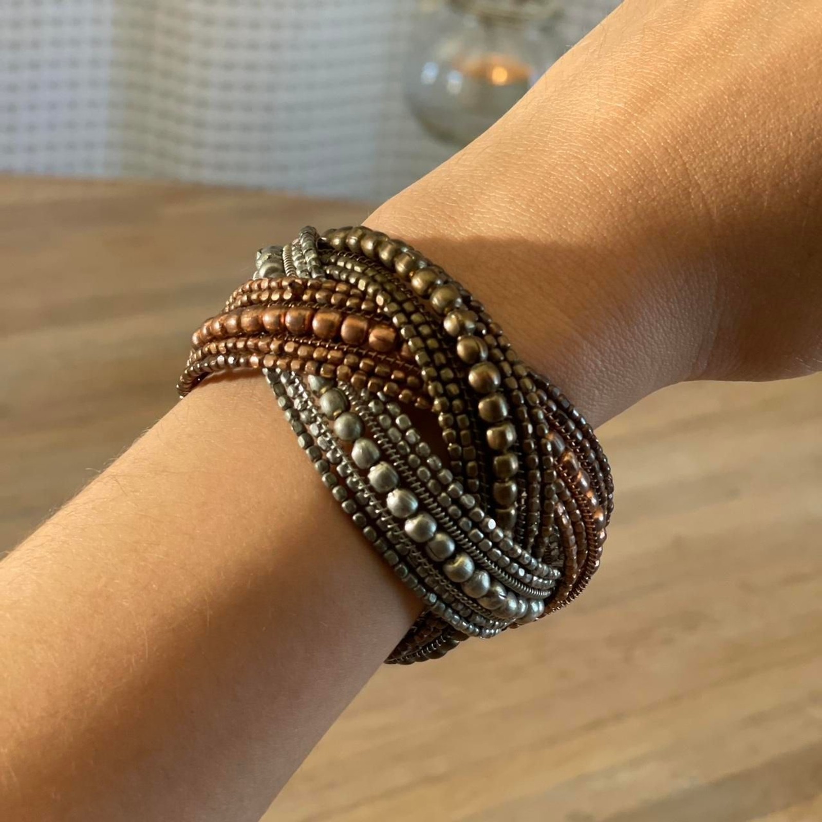 Vintage Boho Bronze Beaded Wrap Cuff Bracelet Multistrand Metal Festival Jewelry