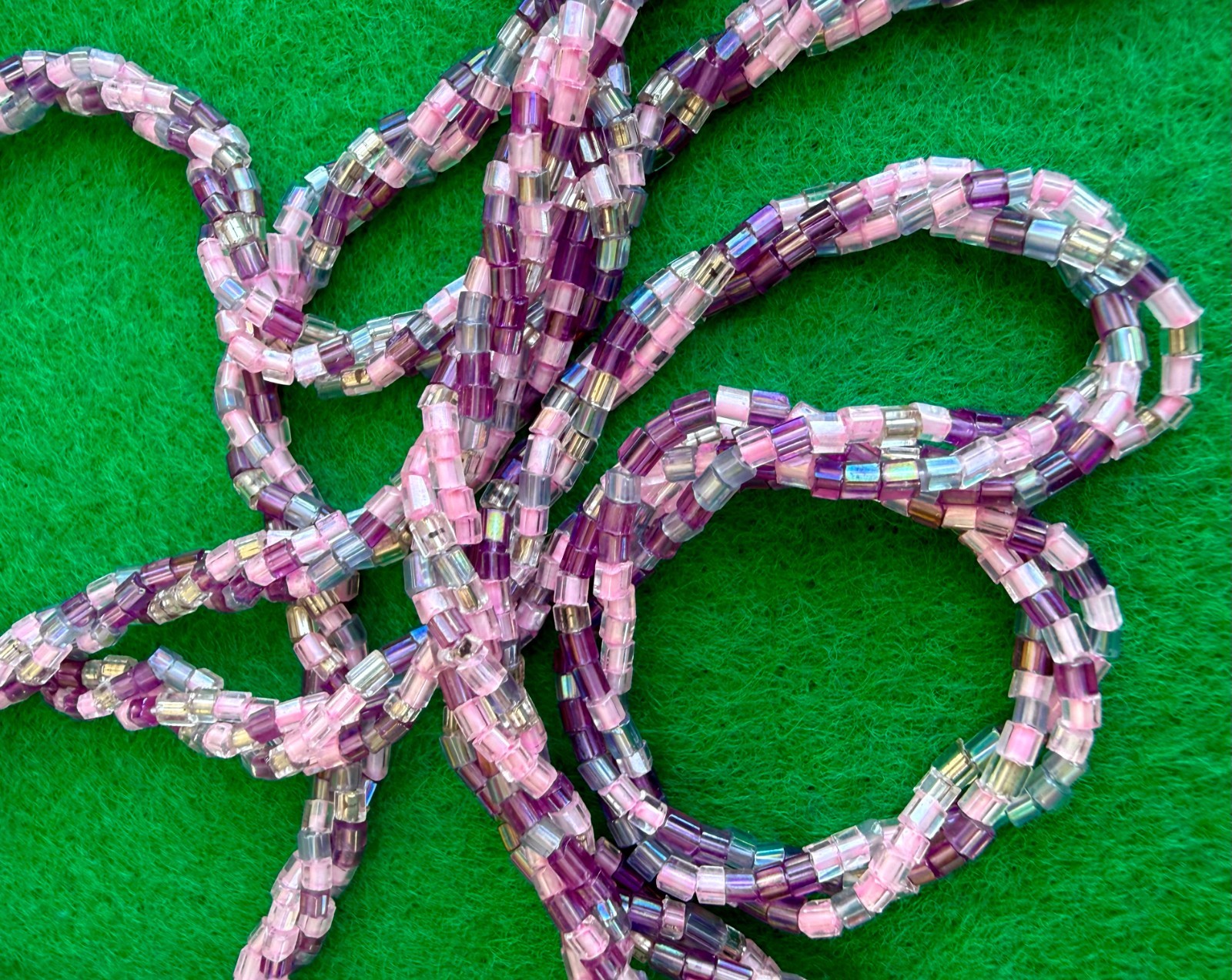 Vintage Czech Bohemian Glass Seed Bead Necklace 48″ Long Pink Purple