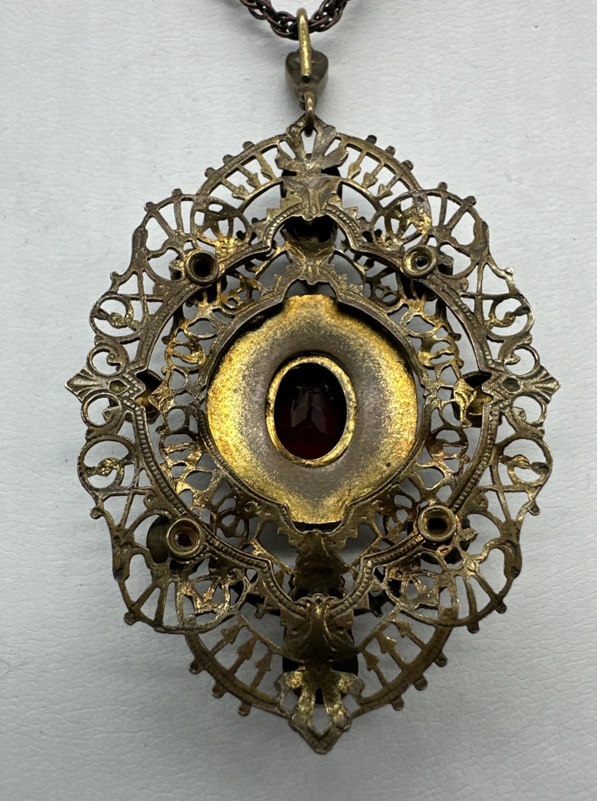 Vintage Antique Bohemian Czech Glass Or Garnet Pendant Necklace 17” Lovely!