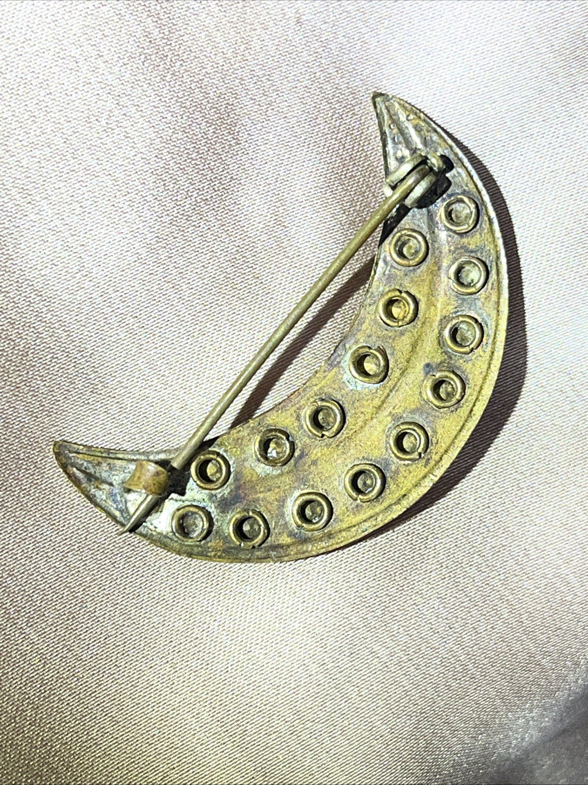 Unusual Antique Victorian Crescent Moon Brooch Prong Set Rhinestones Pin 1880s