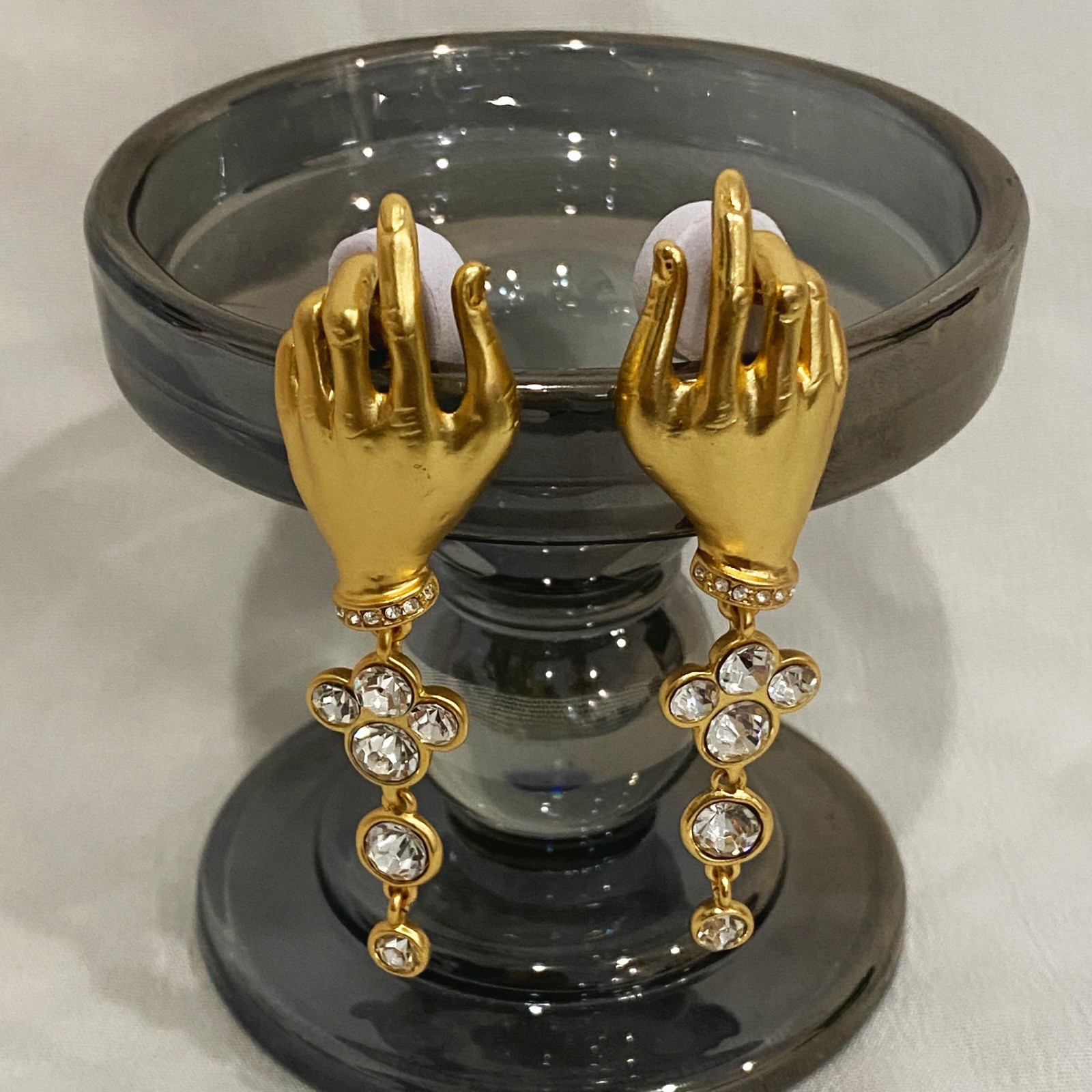 Schiaparelli Gold Hand Crystal Drop Stud Earrings
