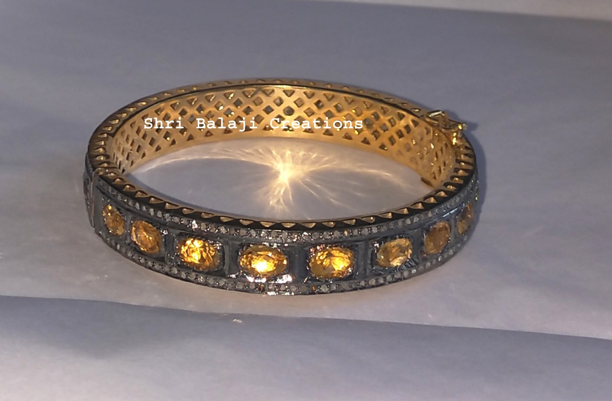 Natural Rosecut Diamond Citrine Gemstone 925 Sterling Silver 2 Bangles Jewelry