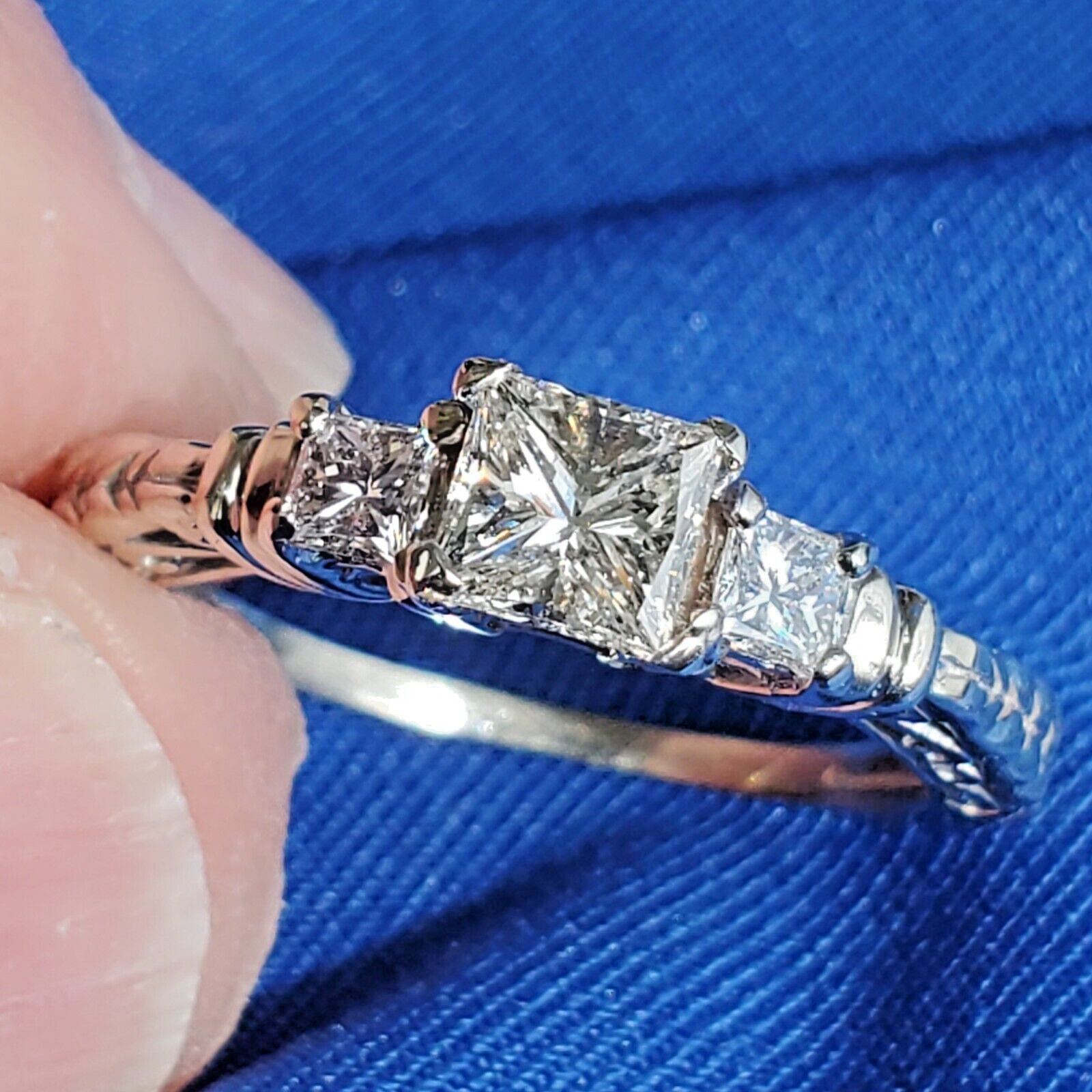 Original EARTH MINED DIAMOND Princess Engagement Ring 3 Stone Solitaire 14K GOLD