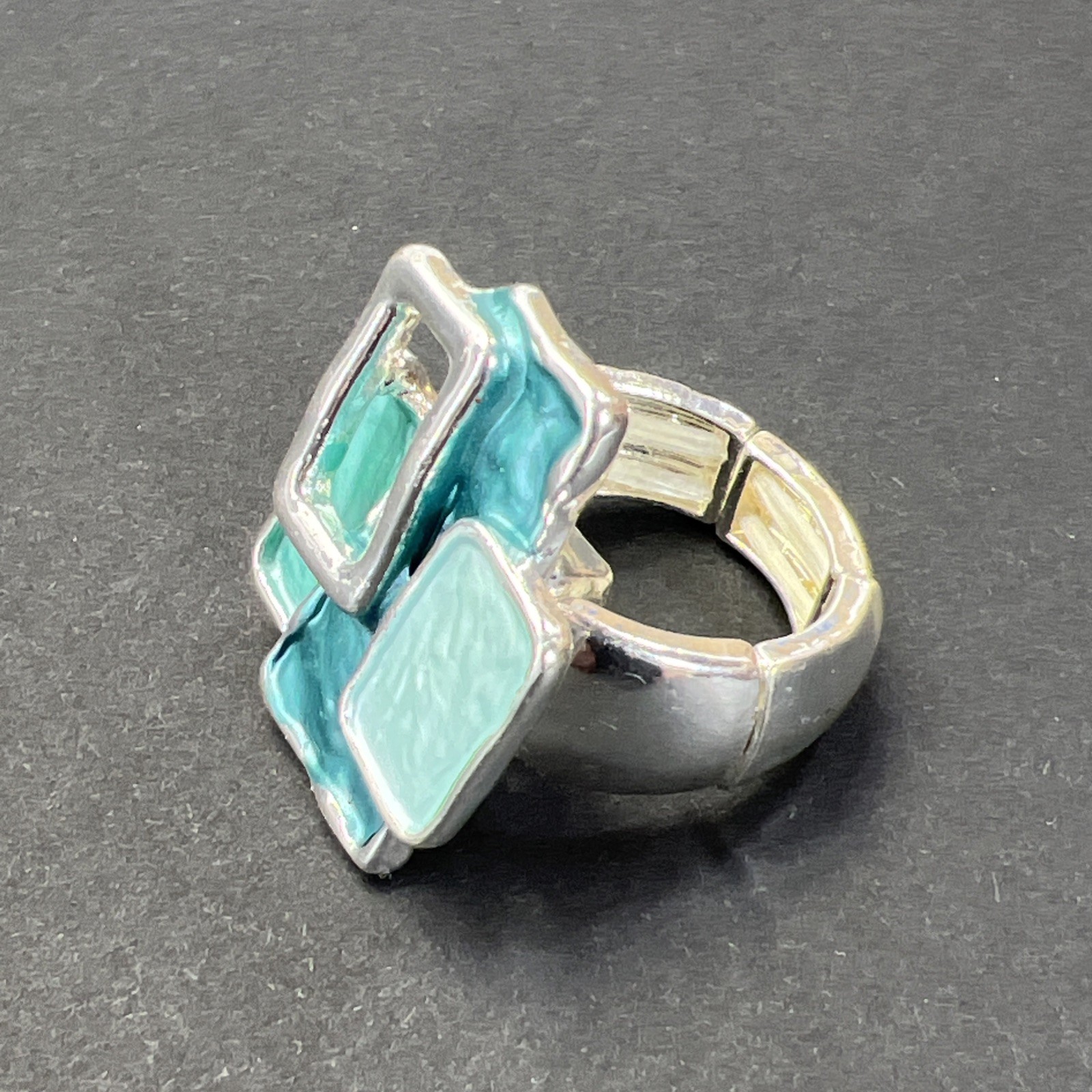 Turquoise Enamel Rectangle Stretch Ring Vintage Silver Tone Size 7+