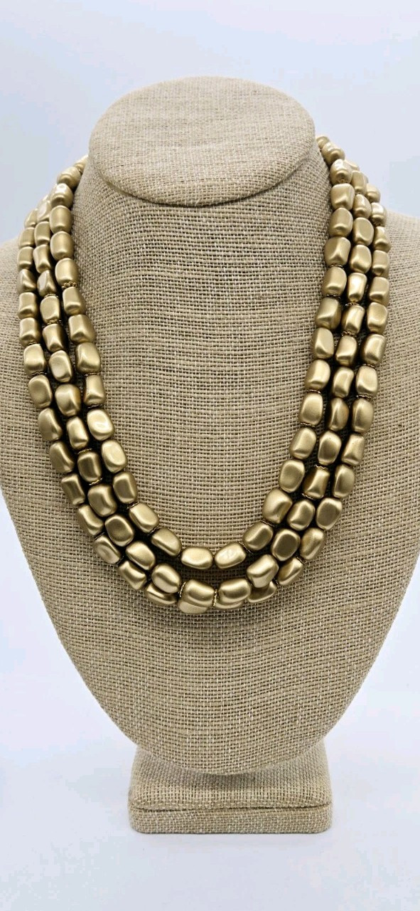 Vintage Beaded Layered Necklace Gold tone nugget Beads Matte 21 in