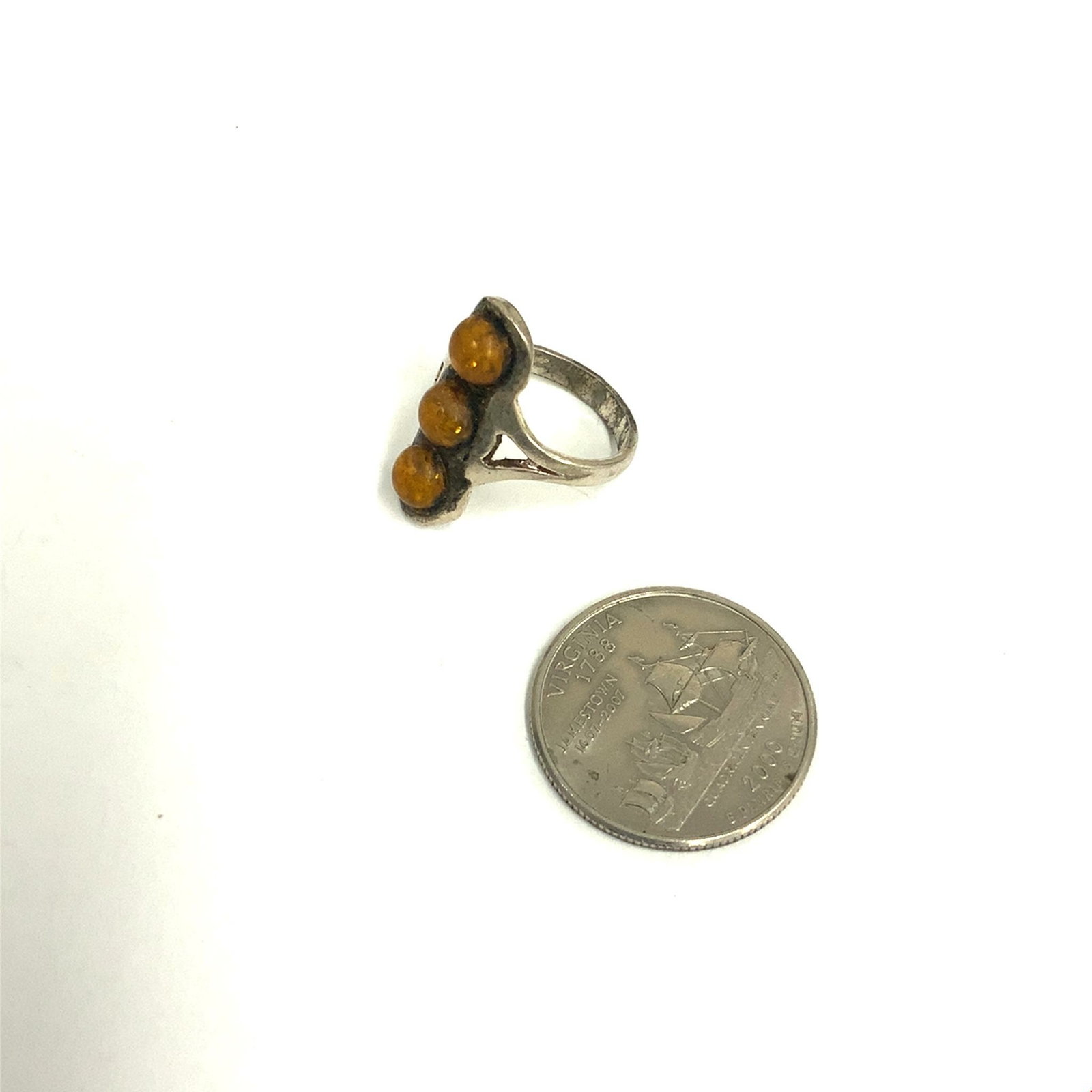 Vintage Sterling Elongated Bezel Cabochon Three Amber Stone Band Ring size 6 1/2