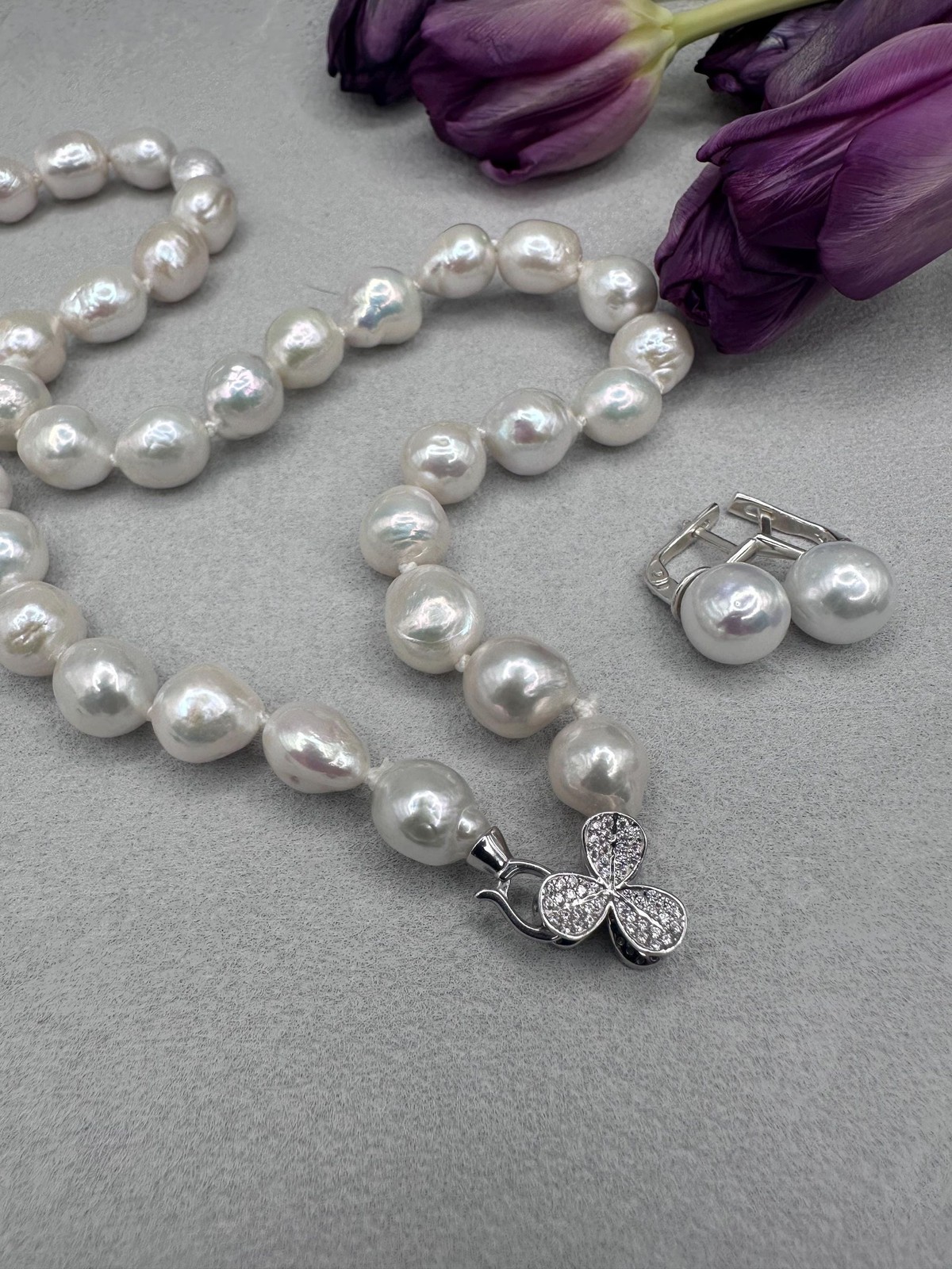 21” White Baroque Edison Pearl Necklace Kasumi Style Sterling Silver CZ Clasp