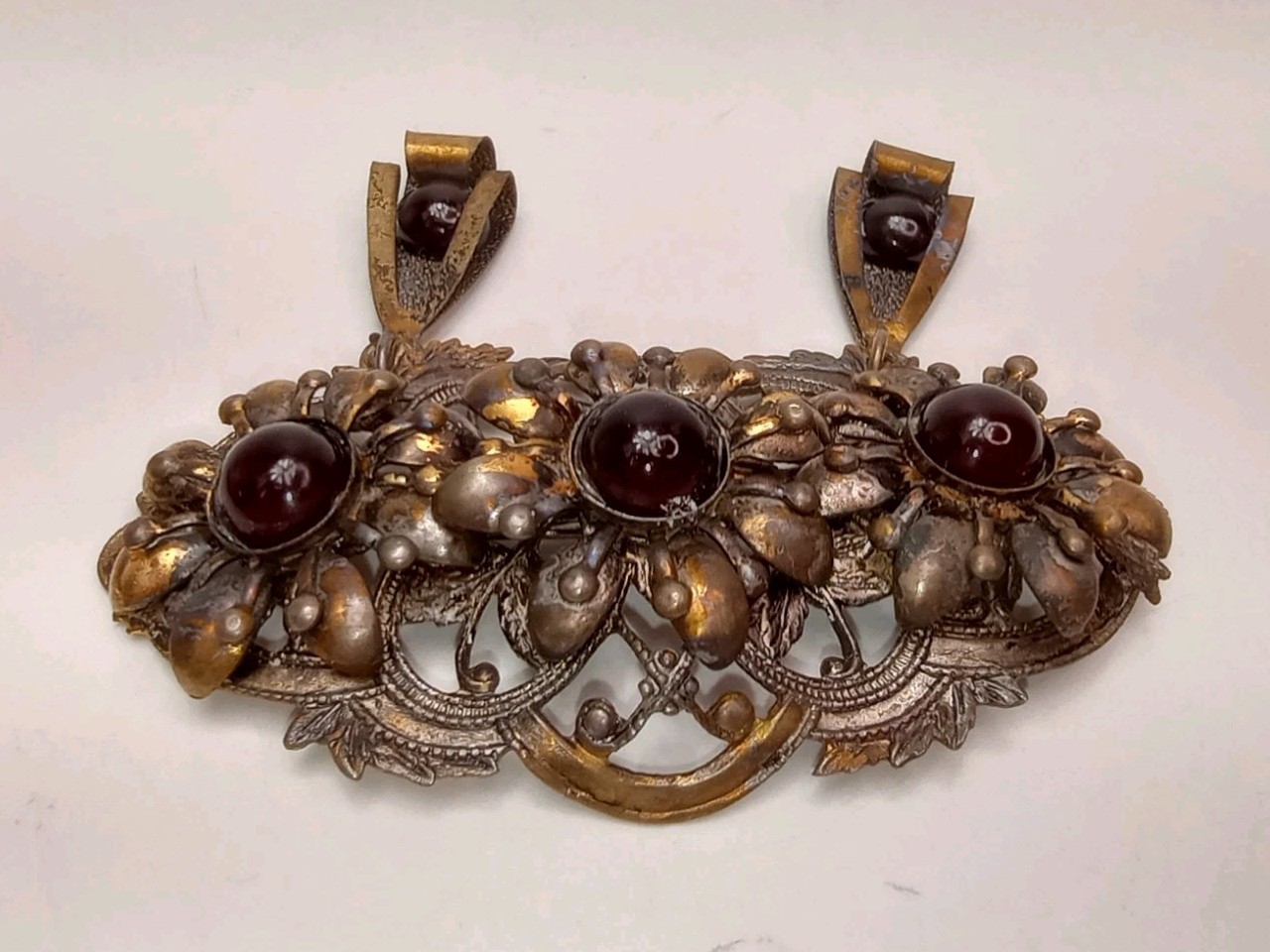 Victorian Floral Dangle Brooch Goldtone Deep Red Cabochons