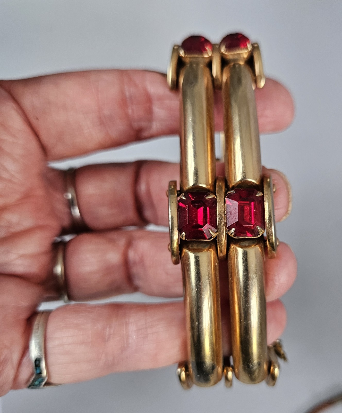 VTG Art Deco Bracelet Gold Plated Red Glass Domed Bar Tank Link Safety Chain