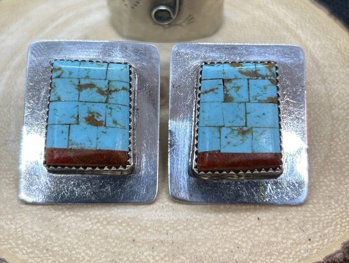 Ronnie Calabaza Sterling Silver, Turquoise & Coral Earrings Zuni NM Square NA