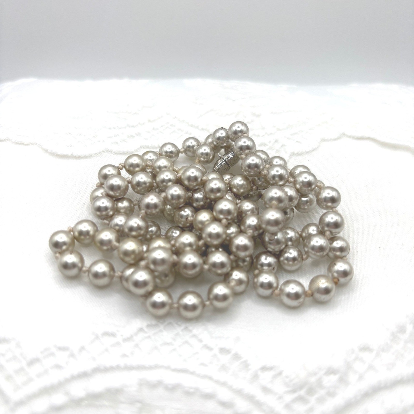 Monet Vintage Faux Pearl Strand Necklace Champagne Silver Tone Signed Clasp 30in