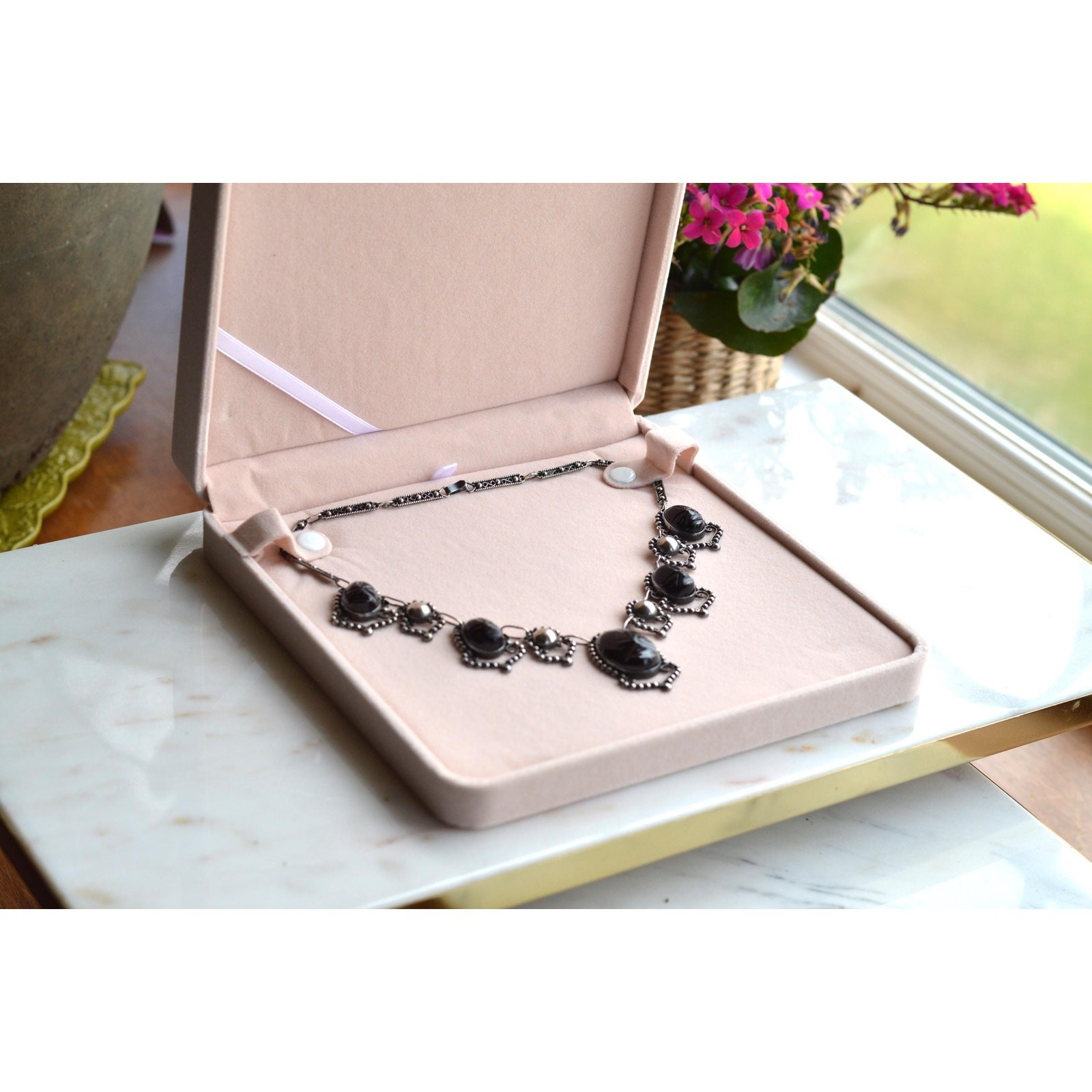 Vintage Mexican Sterling Silver Onyx Scarab Necklace – Signed JJG Co Mexico 925