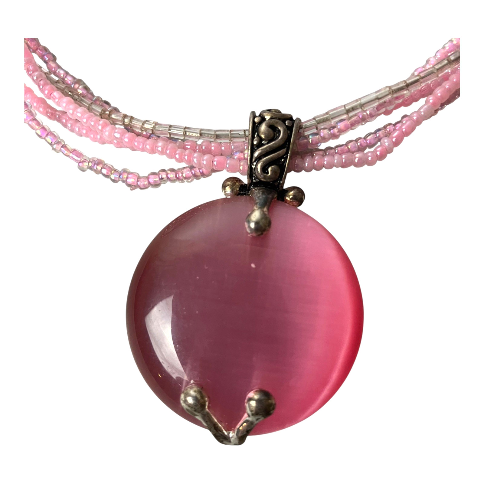 1980s VINTAGE JEWELRY Pink Moonstone Lucite Pendant Layer Bead Collar Necklace
