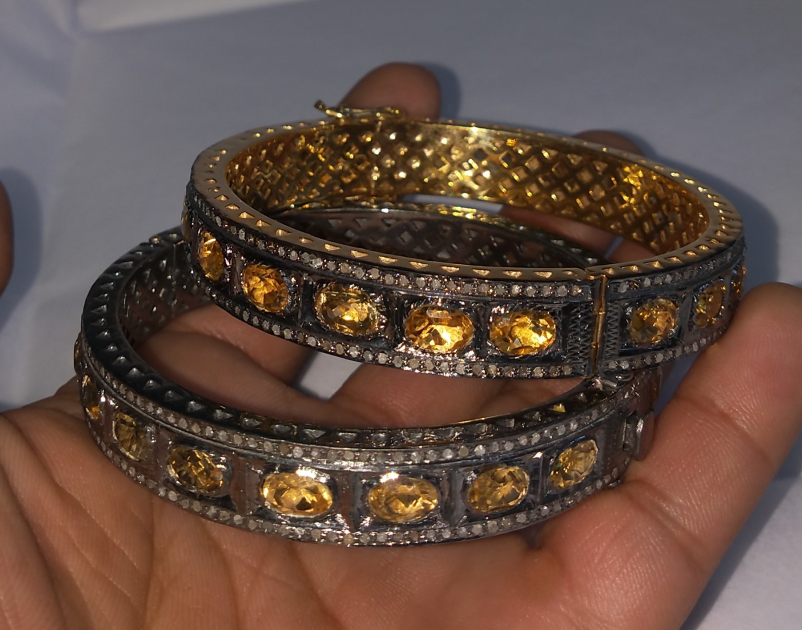 Natural Rosecut Diamond Citrine Gemstone 925 Sterling Silver 2 Bangles Jewelry