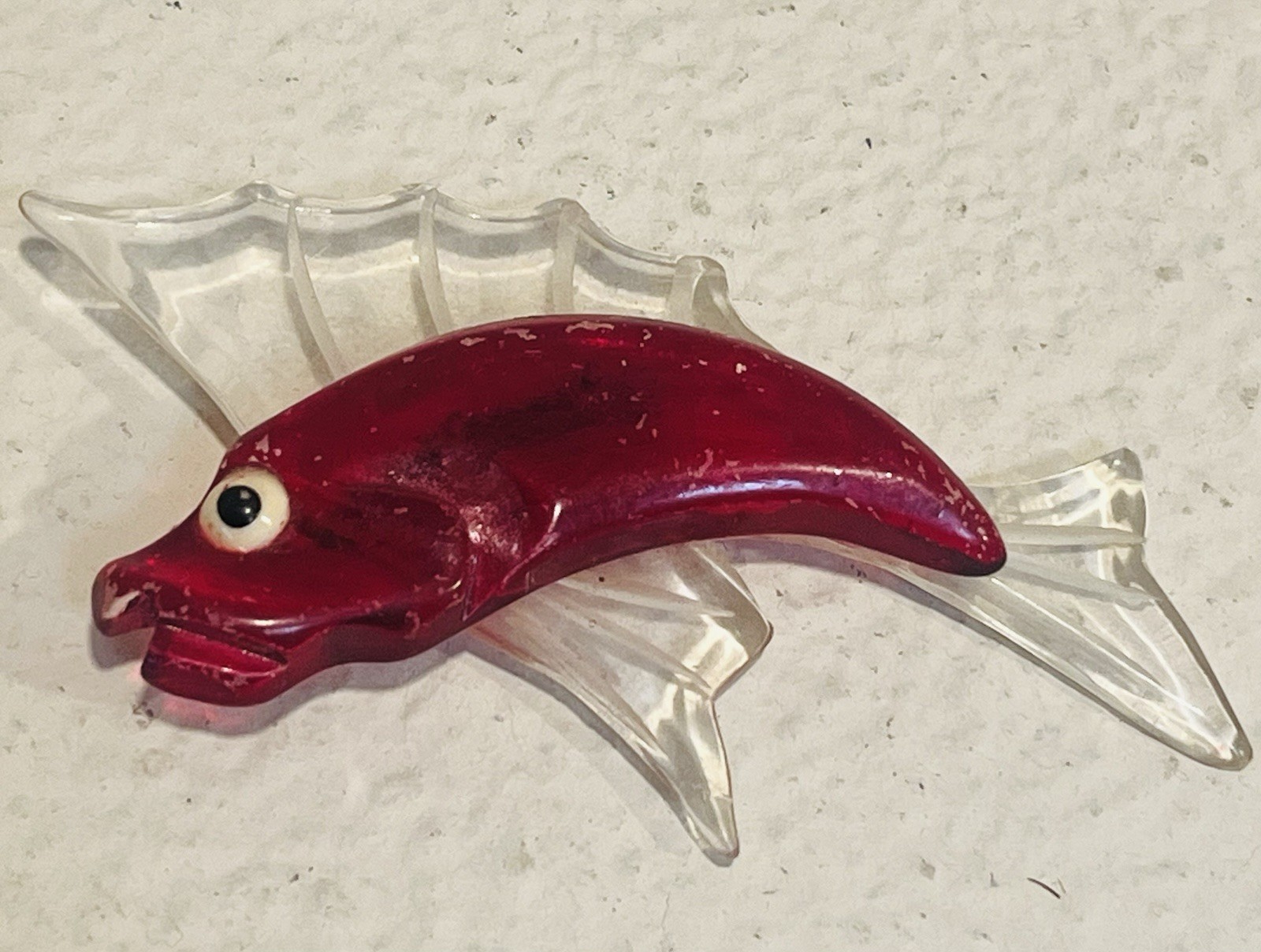 Vintage Lucite Red Fish Brooch w/ Clear Stylized Fins, “Googly Eye” 1940s-50s