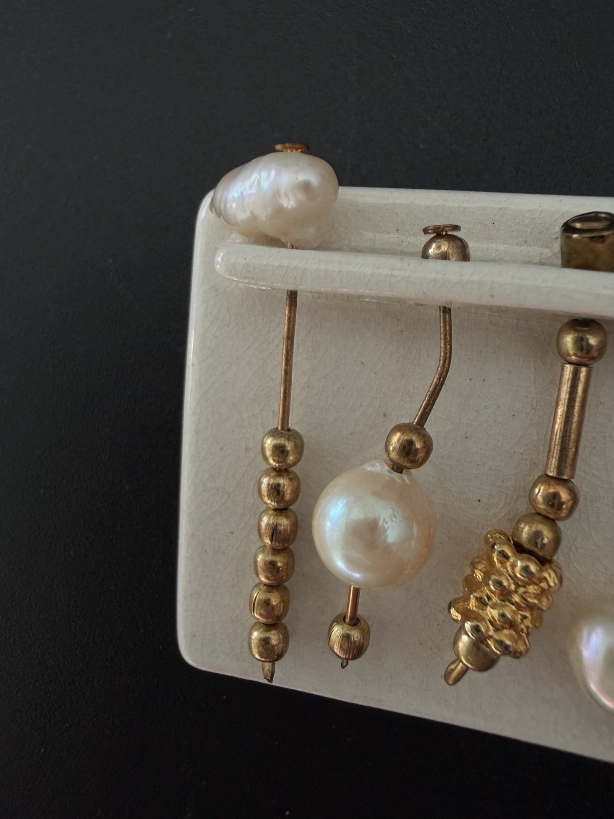 Artisan Ceramic Brooch with Dangling Freshwater Baroque Pearls Gold Beads Vtg