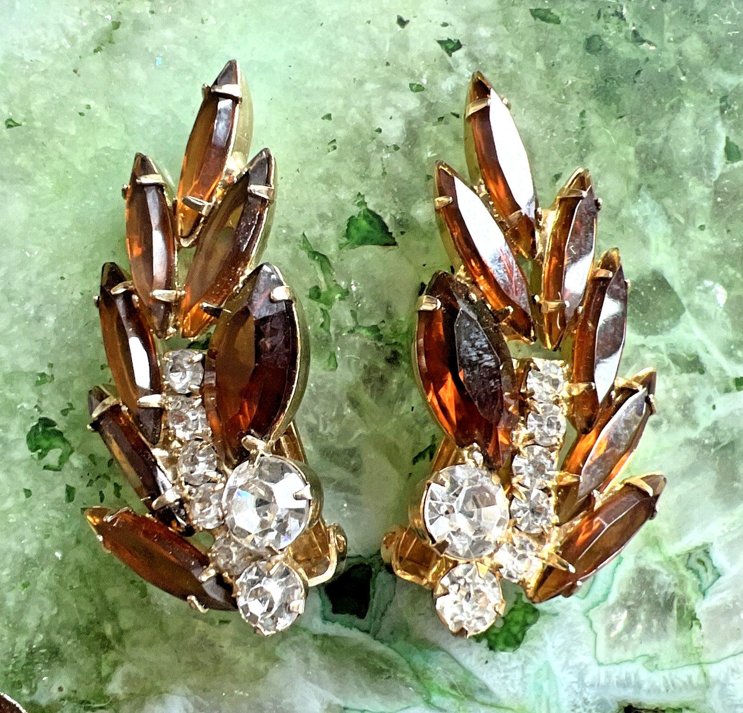 VINTAGE JULIANA DELIZZA & ELSTER AMBER and CLEAR RHINESTONE EARRINGS