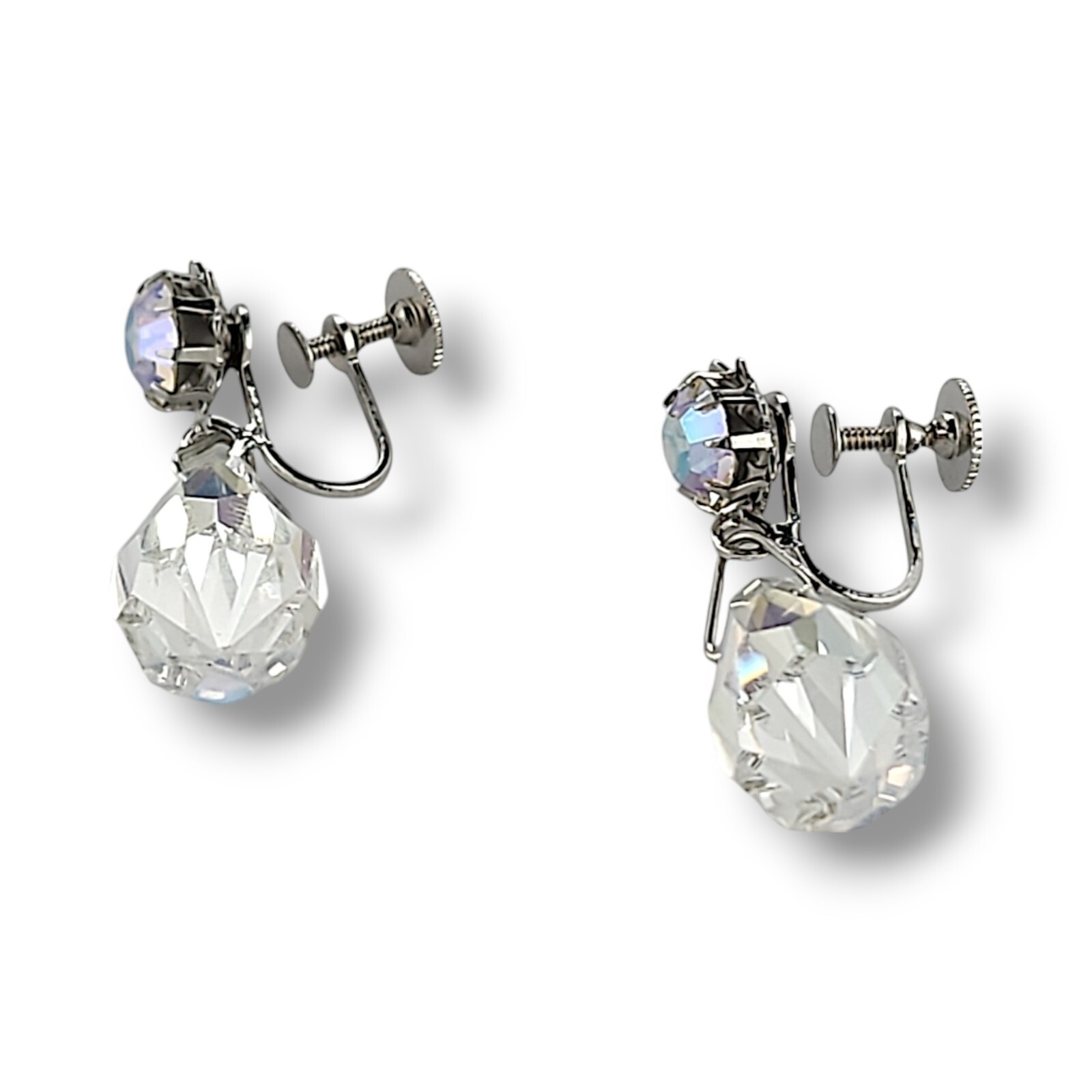 Vintage Aurora Borealis Crystal Rhinestone Dangle Drop Screw Back Earrings