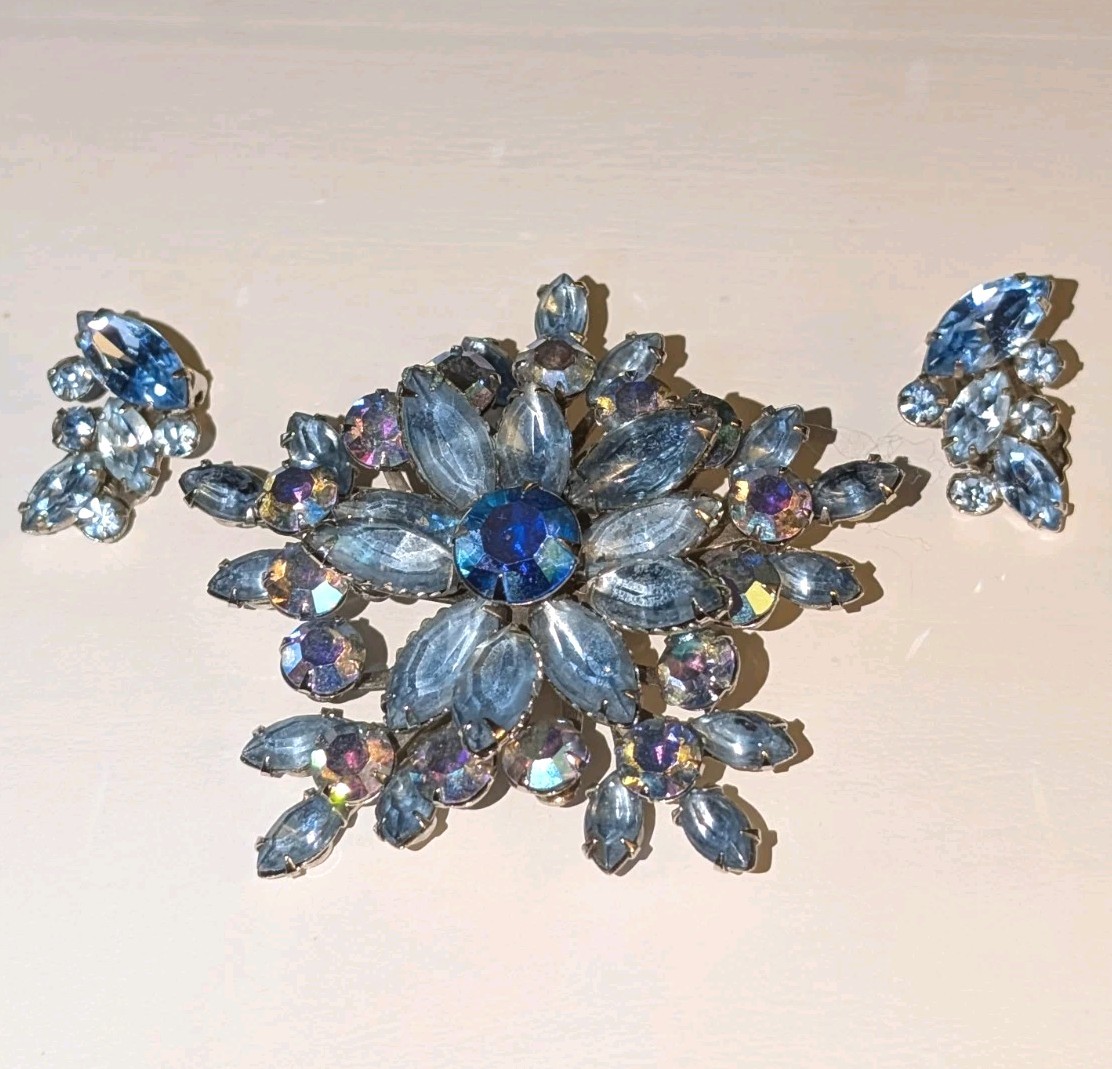 Vintage Ice-Blue Rhinestone Snowflake Brooch & Clip Earrings Set, AB, 1960s