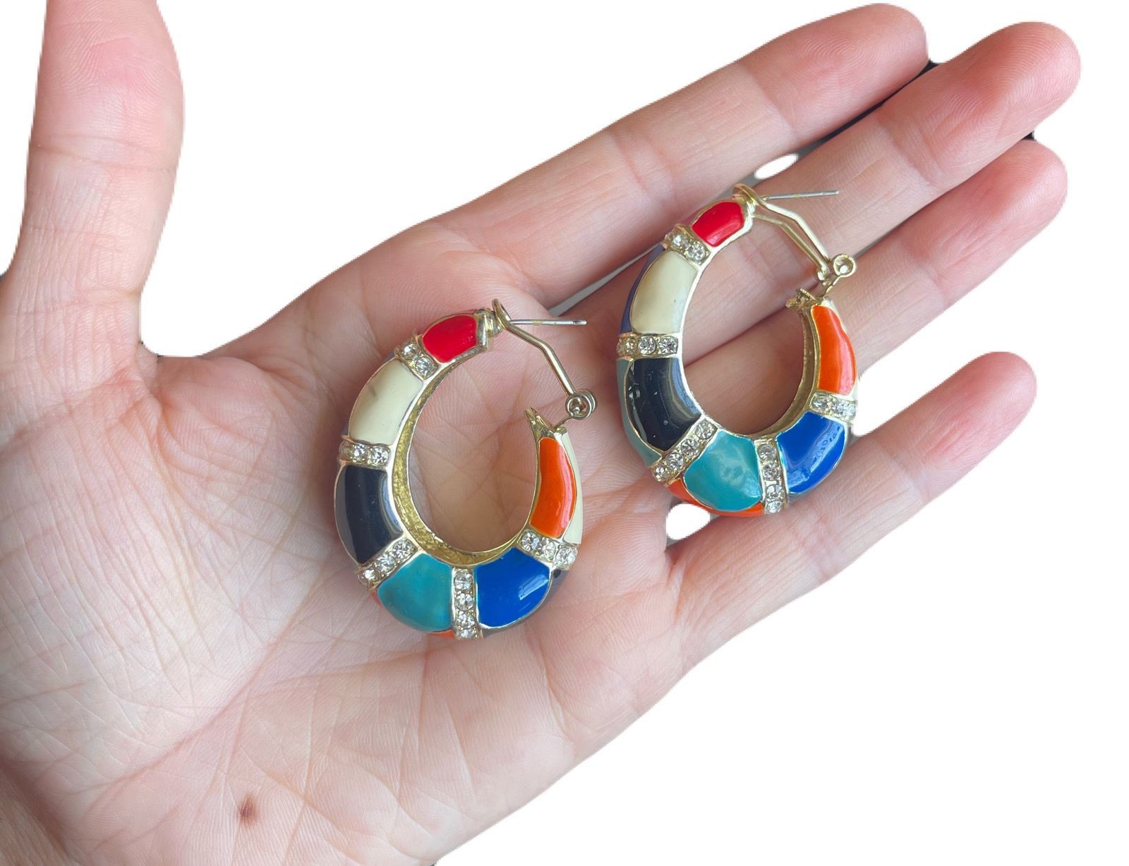 Chunky Multi Color Enamel Hoop Earrings Rhinestone Crystal Gold Tone