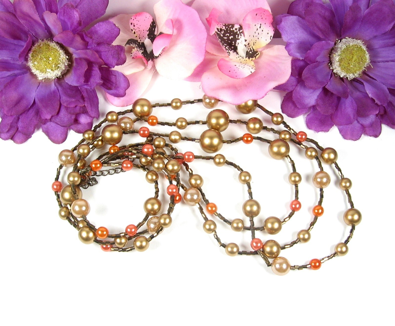 Triple Strand BRIGHT GOLDEN, BROWN, ORANGE Beads Necklace Vintage Beaded 20″