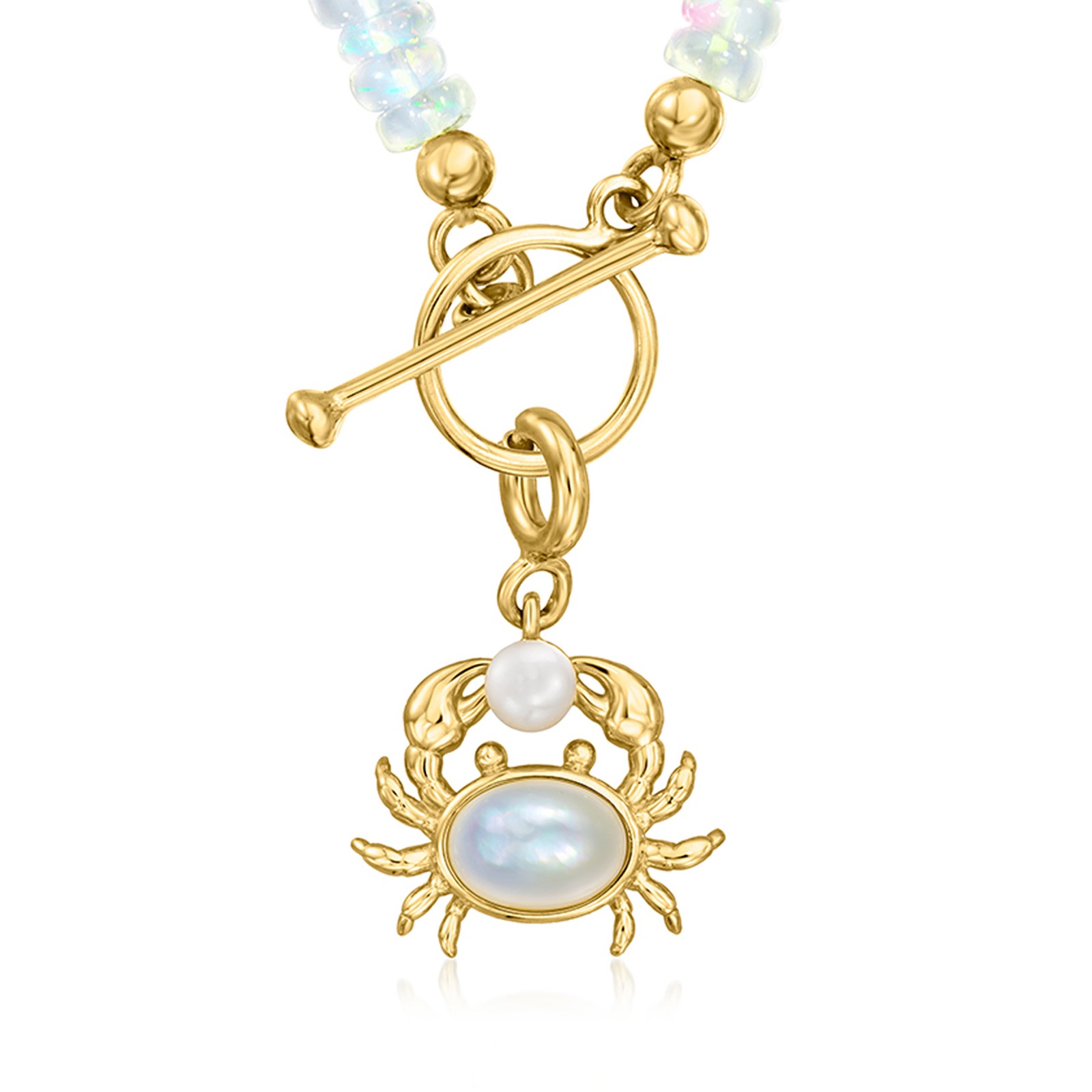 Mother-of-Pearl and 3.5-4mm Cultured Pearl Crab Charm in 18kt Gold Over Sterling