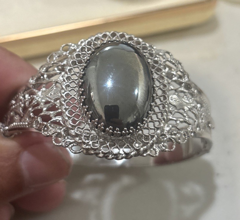Vintage Whiting Davis Hematite Silver Tone Ornate Hinged Cuff Bracelet