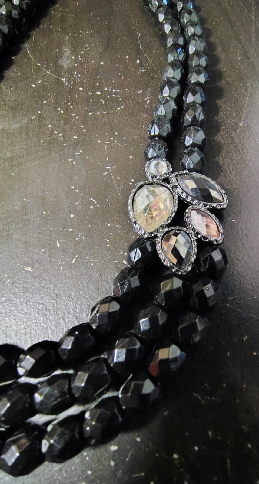 Icy Black Rhinestone Layered Beaded Statement Necklace 20” Girlcore Trendy