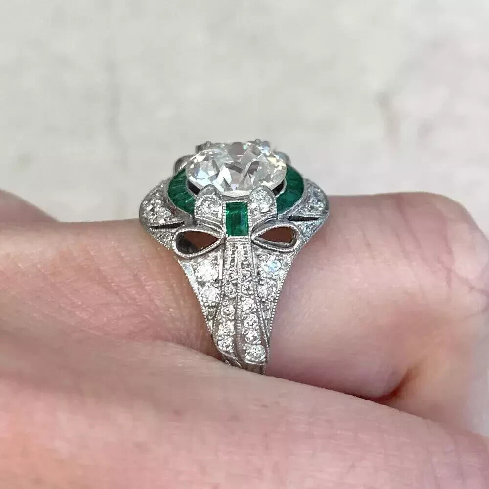 Art Deco Style Round Lab Created Diamond Emerald 14K White Gold FN Wedding Ring