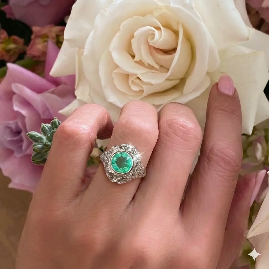 Vintage 14k White Gold Engagement Ring 1.35CT. Natural Round Colombian Emerald