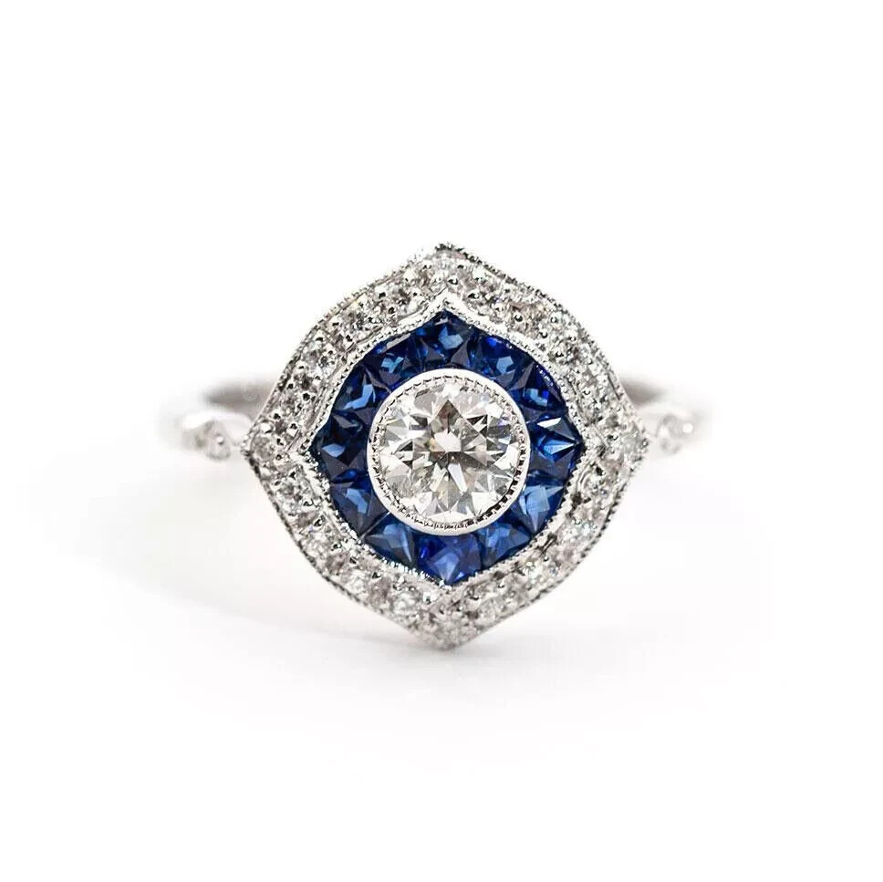 Art Deco 14K White Gold FN Round Lab Created Diamond & Sapphire Engagement Ring