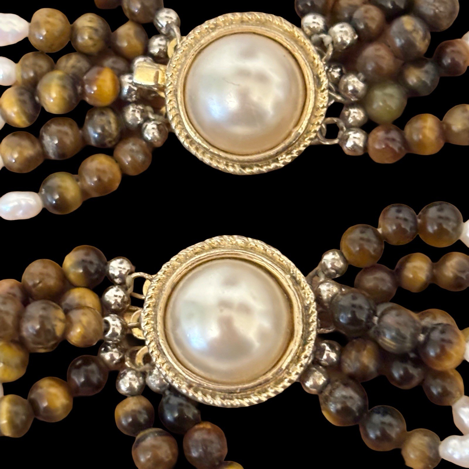 Vtg Multi-Strand Rice Pearl & Tiger’s Eye Necklace Bracelet Set Silver Clasp