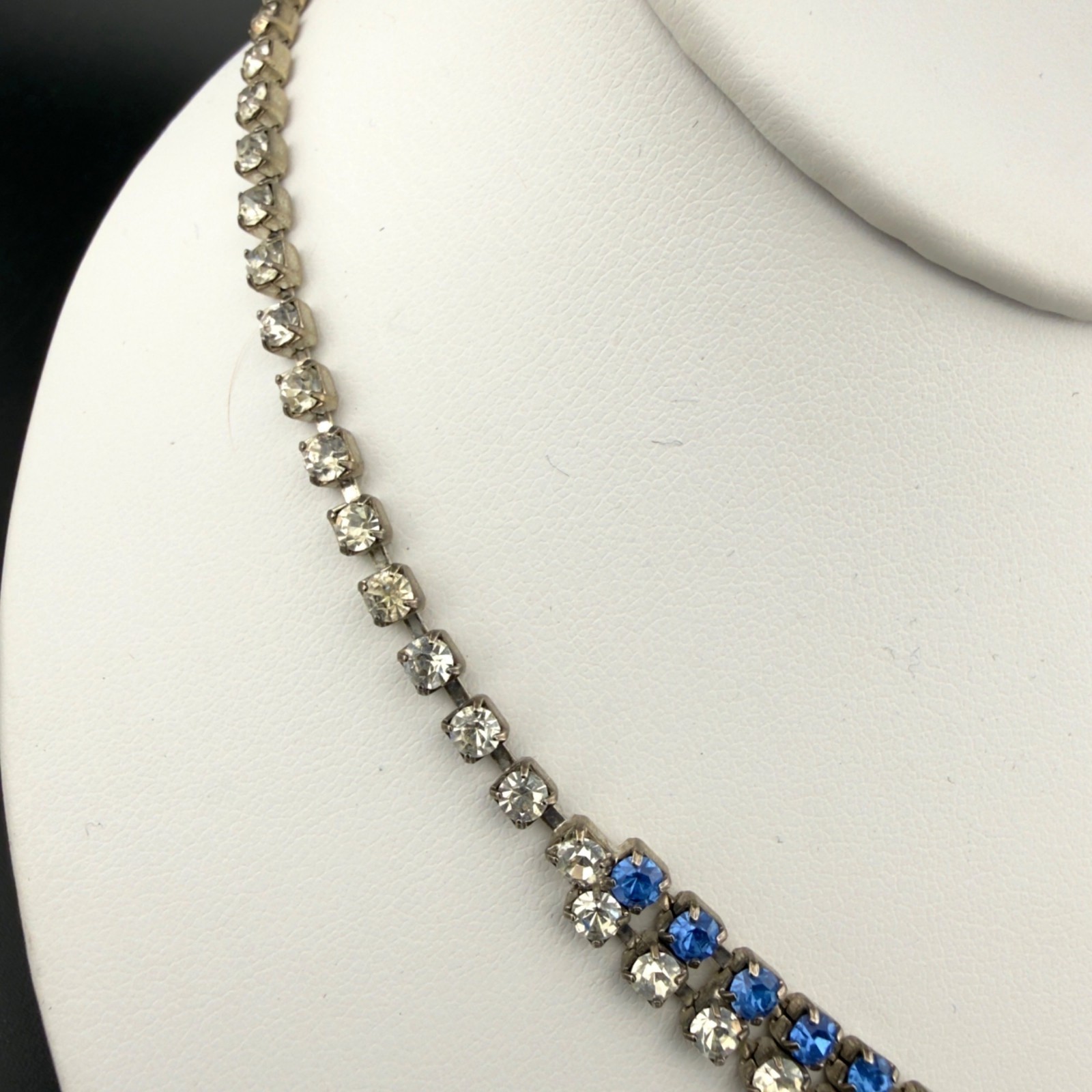 Vintage Blue Clear Rhinestone Necklace V Shape Silver Tone 16-Inch