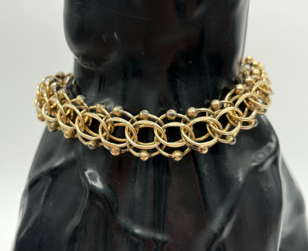 VTG 1/20 12k GF Beaded Double Link 13mm charm bracelet safety chain 6.5″