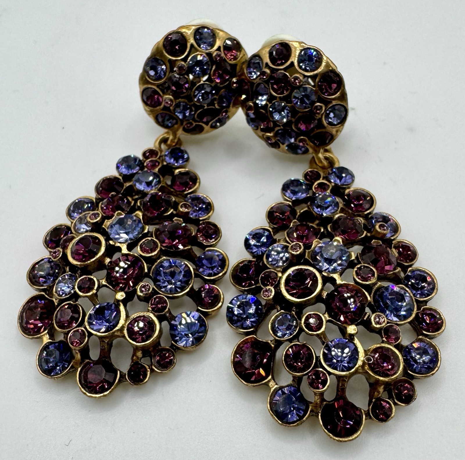 Vintage Oscar de La Renta Gold-Tone With Blue & Purple Crystal Drop Earrings