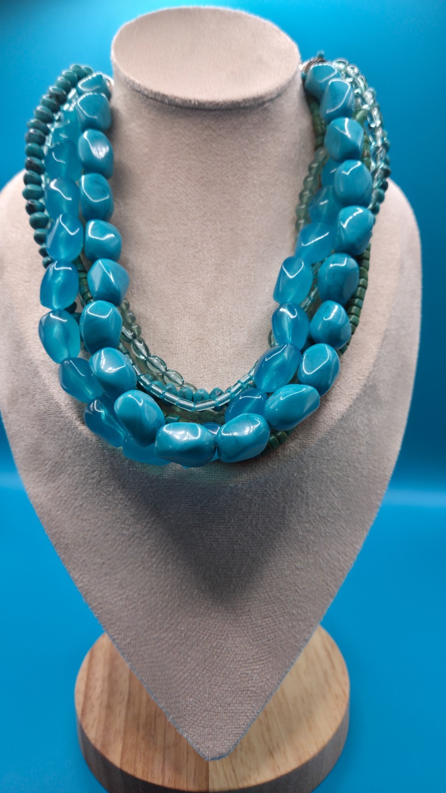 Vintage Turquoise Blue Beads Multi Strand Beaded Statement Necklace 8.5″ Chunky