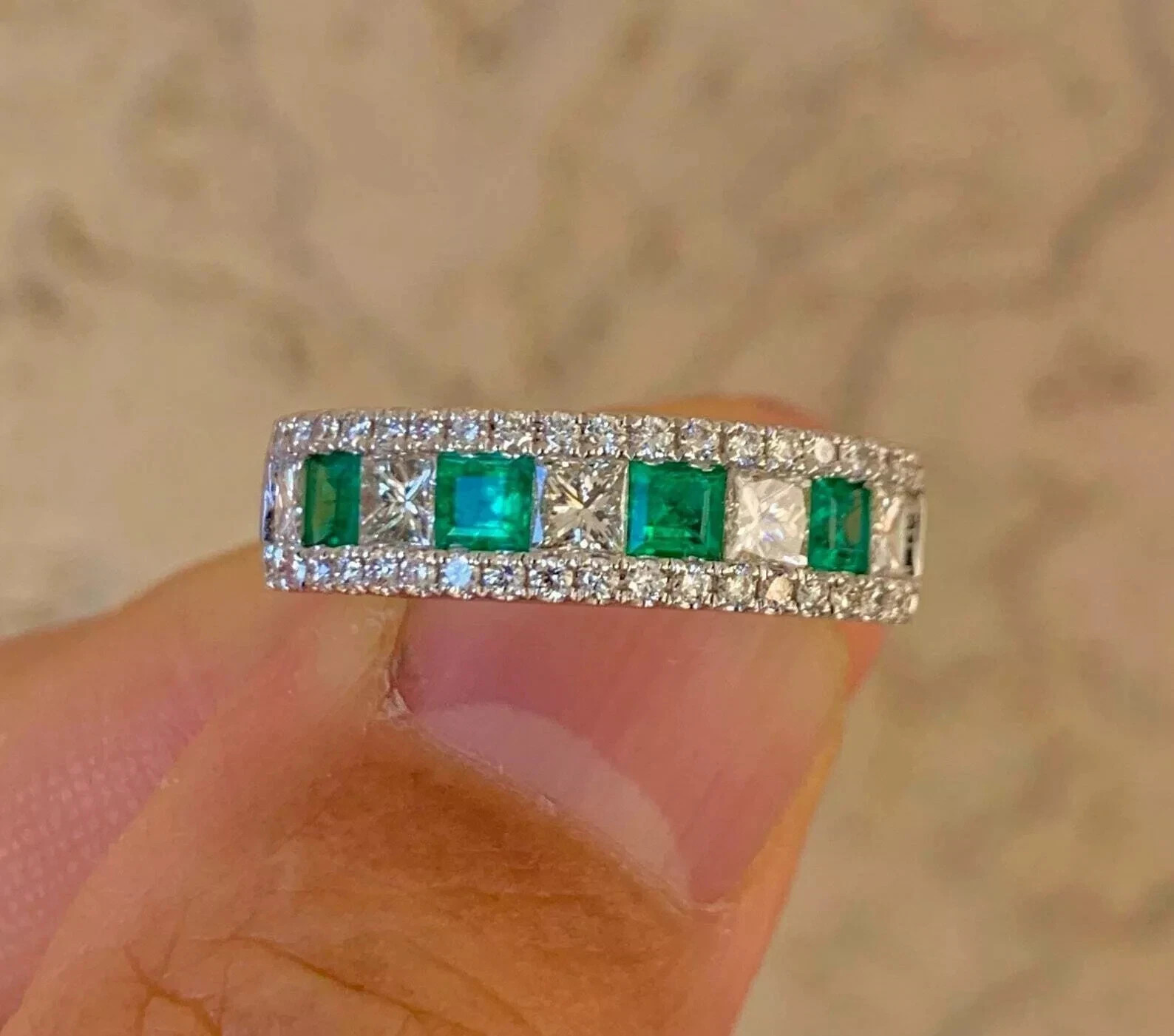 3Ct Art Deco style Lab Created Diamond Emerald Engagement 14K White Gold FN Ring