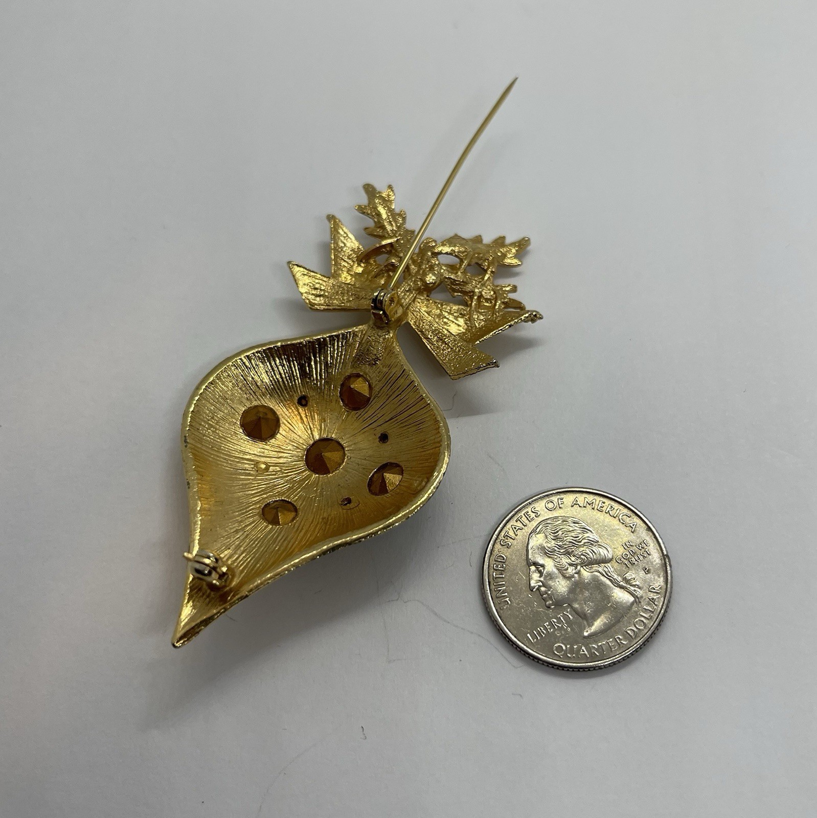 Vintage Large Multicolor Rhinestone Goldtone Bow Top Christmas Ornament Brooch