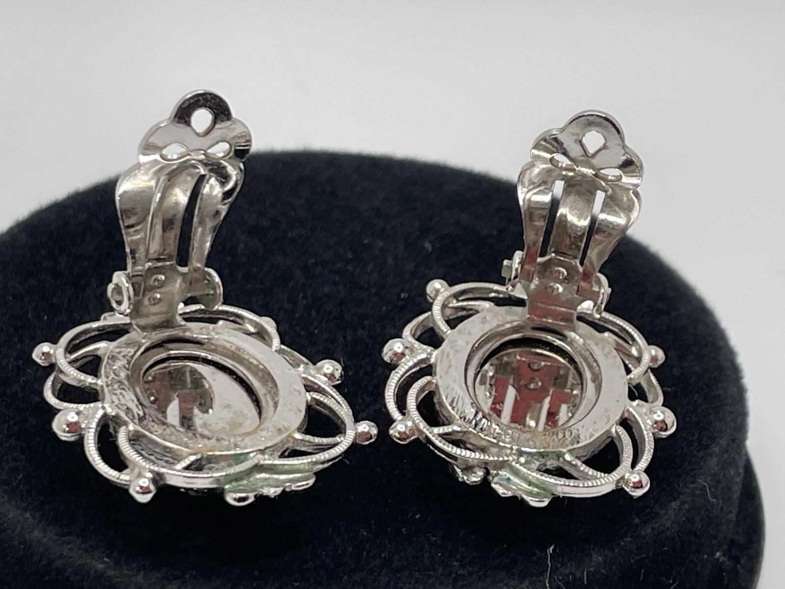 Vintage Whiting & Davis Silver Hematite Cameo Clip EARRINGS Filigree Signed