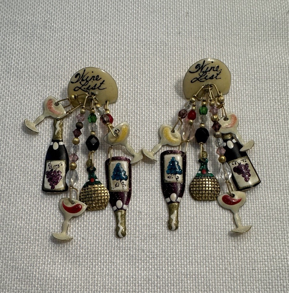 Lunch At The Ritz Wine List Earrings Crystal Enamel Dangle Pierced Ears
