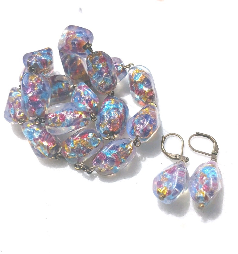 HUGE ANTIQUE JAPAN OPAL CONFETTI GOLD SILVER FOIL ART GLASS NECKLACE SET OOAK