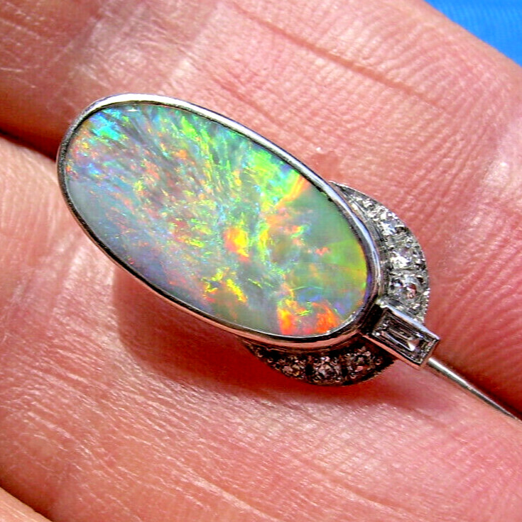 Original EARTH MINED Australian Black OPAL Art Deco DIAMOND Pin Antique PLATINUM