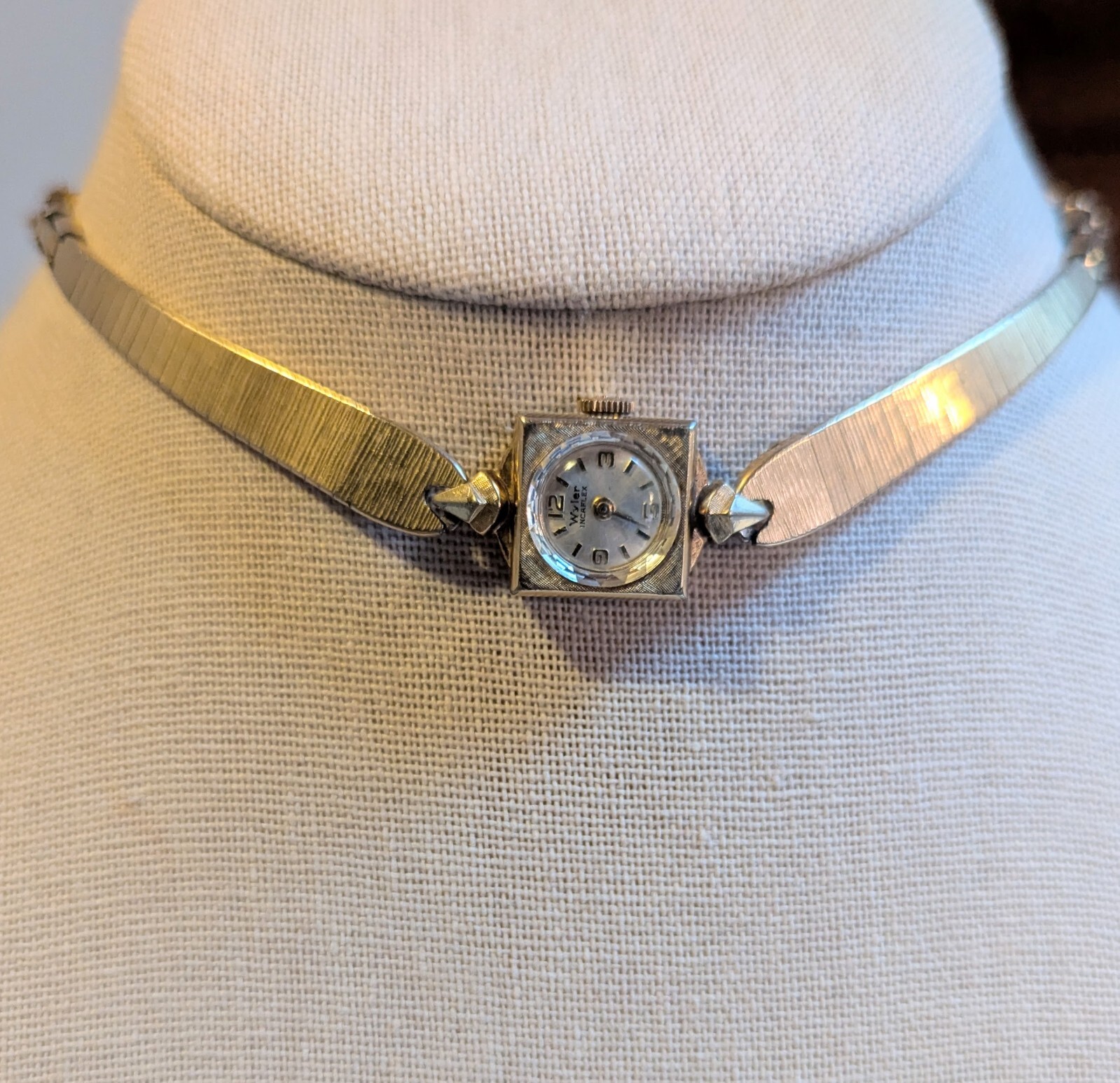 Vintage Wyler yellow gold plated circle in square watch choker with vintage band