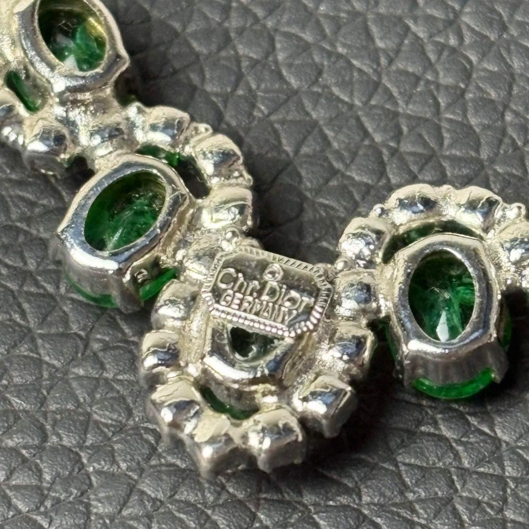 Christian Dior Green Stone Silver Necklace 44cm Vintage