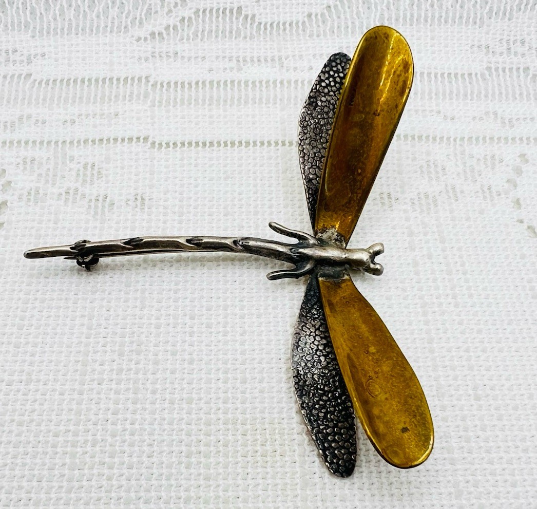 Vintage Mexican 950 Silver Brass Dragonfly Brooch Signed FARRO Mixed Metal LATON