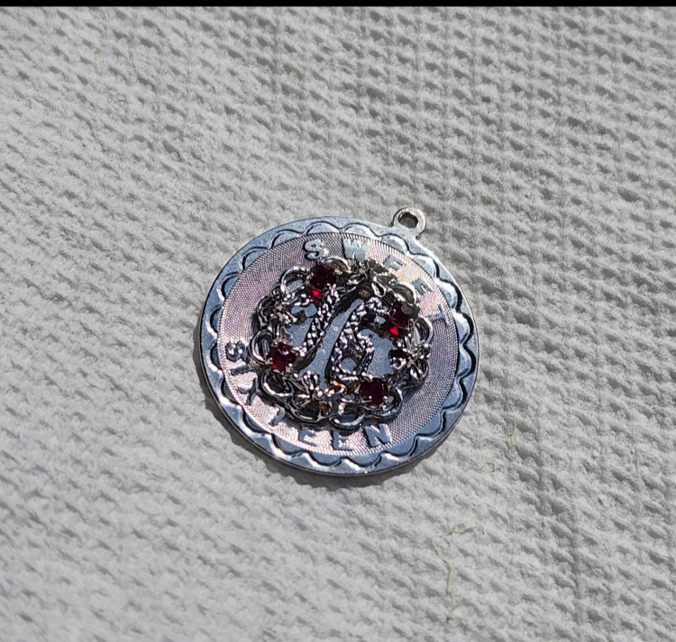 LARGE SWEET 16 SIXTEEN BIRTHDAY SPENCER STERLING ROUND CHARM – RED RHINESTONES