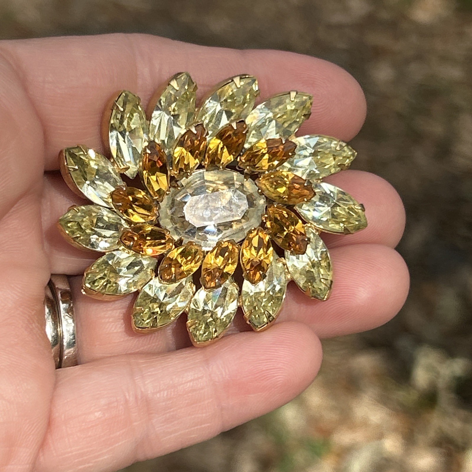 Vintage Kramer of New York Golden Brown Yellow & Clear Rhinestones 2″ Wide